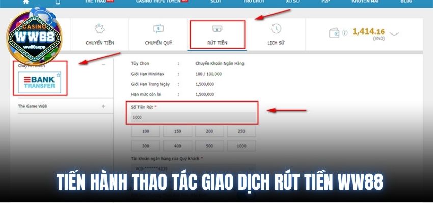 Người chơi tiến hành thao tác giao dịch rút tiền ww88