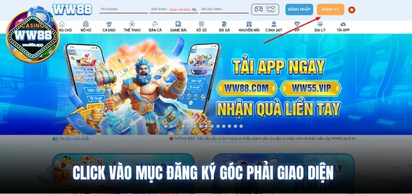 Click vào mục đăng ký góc phải giao diện