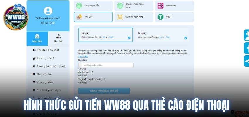 hình thức gửi tiền WW88 qua thẻ cào điện thoại